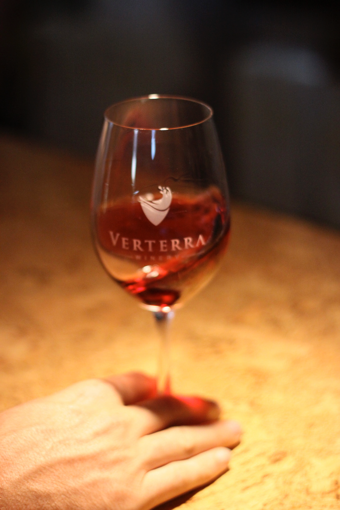 Verterra Winery rosé wine glass with logo.